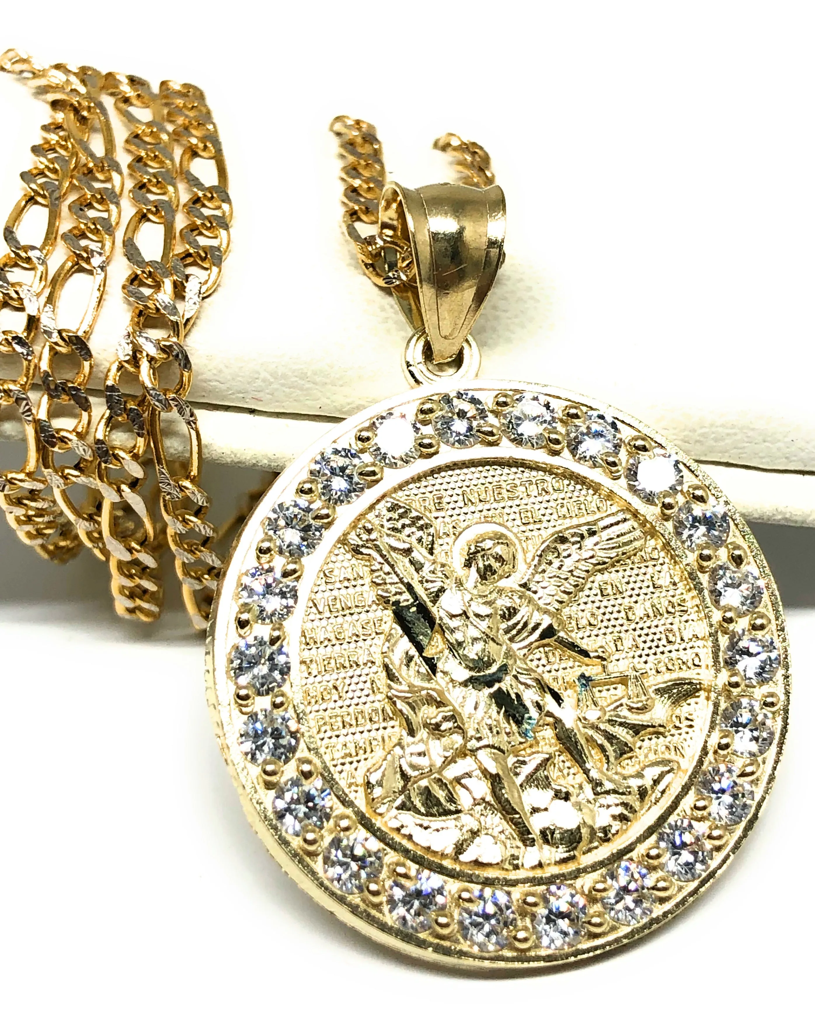 10k Solid Gold Yellow St. Michael Archangel CZ Pendant Necklace