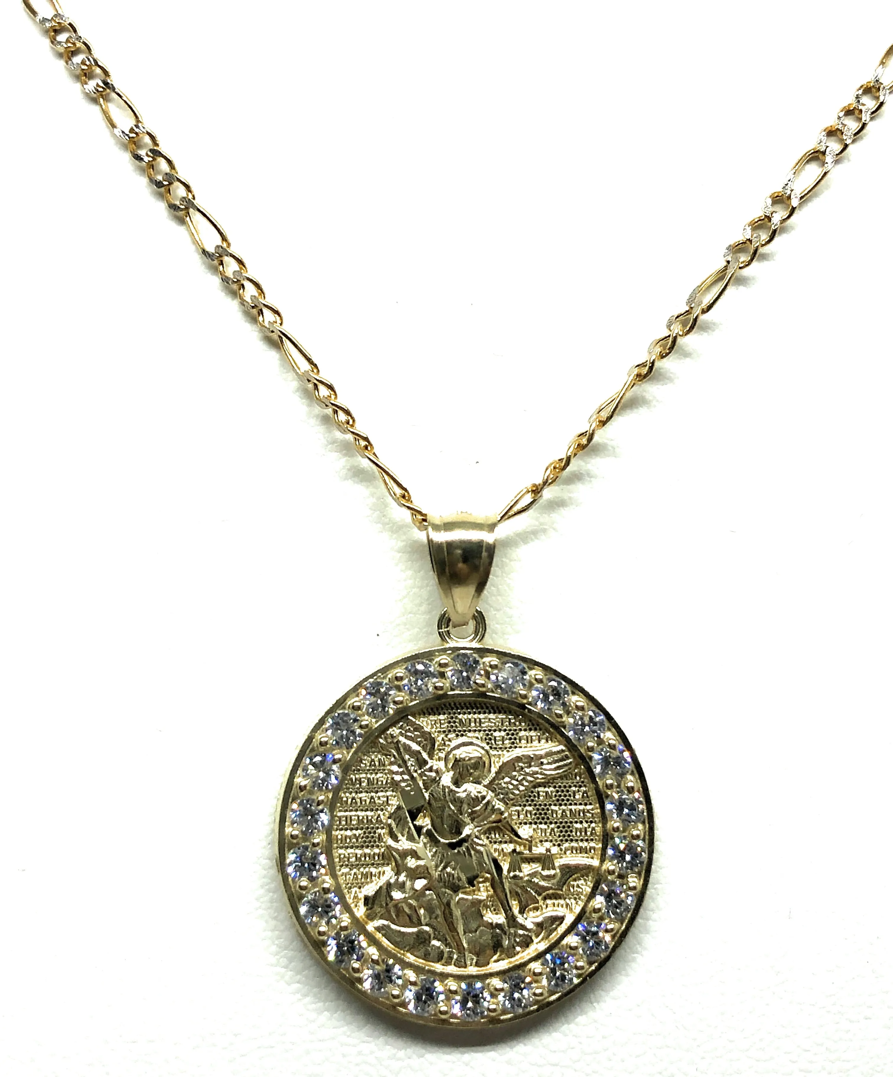 10k Solid Gold Yellow St. Michael Archangel CZ Pendant Necklace