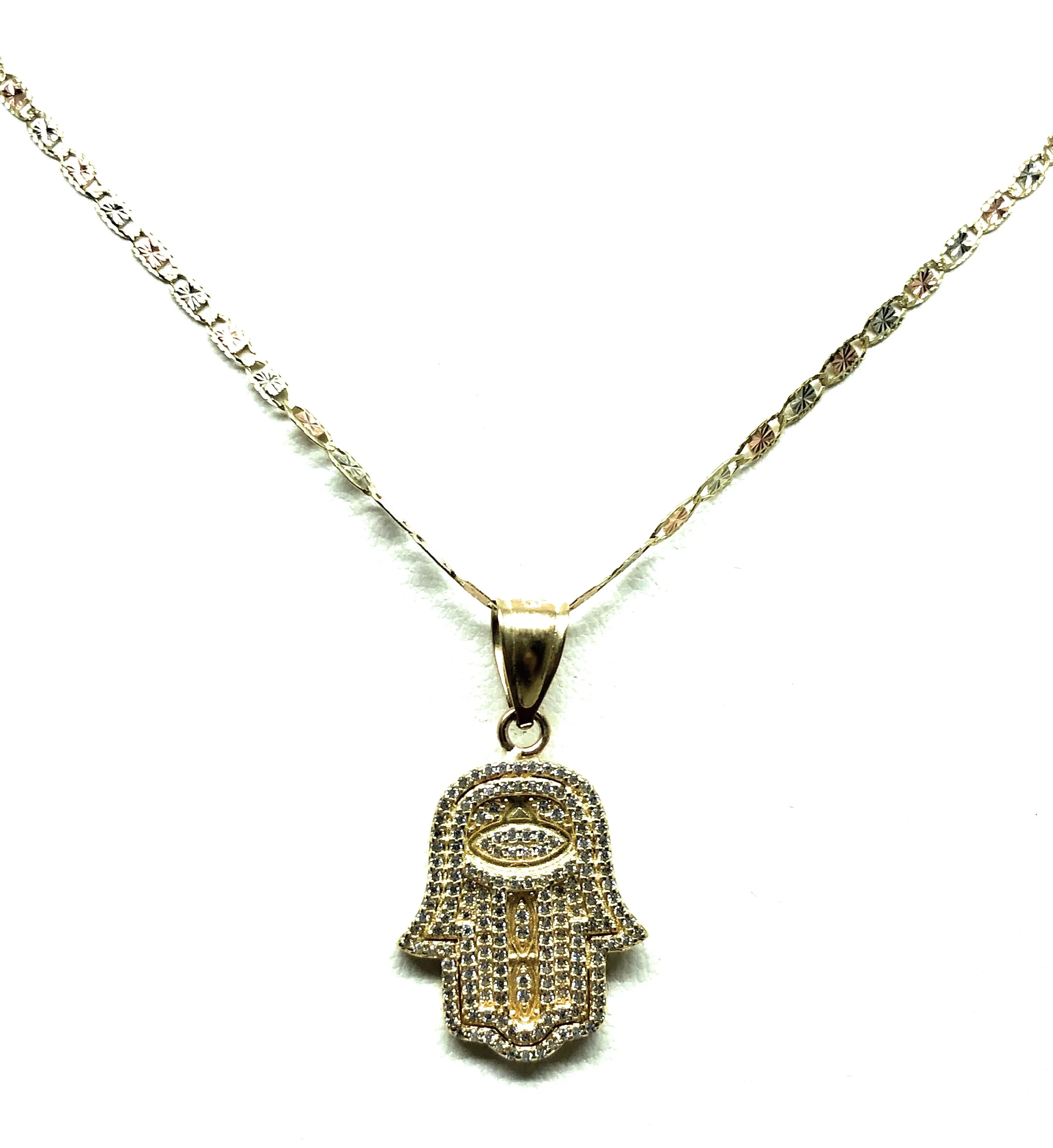 14k Solid Gold Hamsa Hand Pendant CZ Necklace Valentina Chain