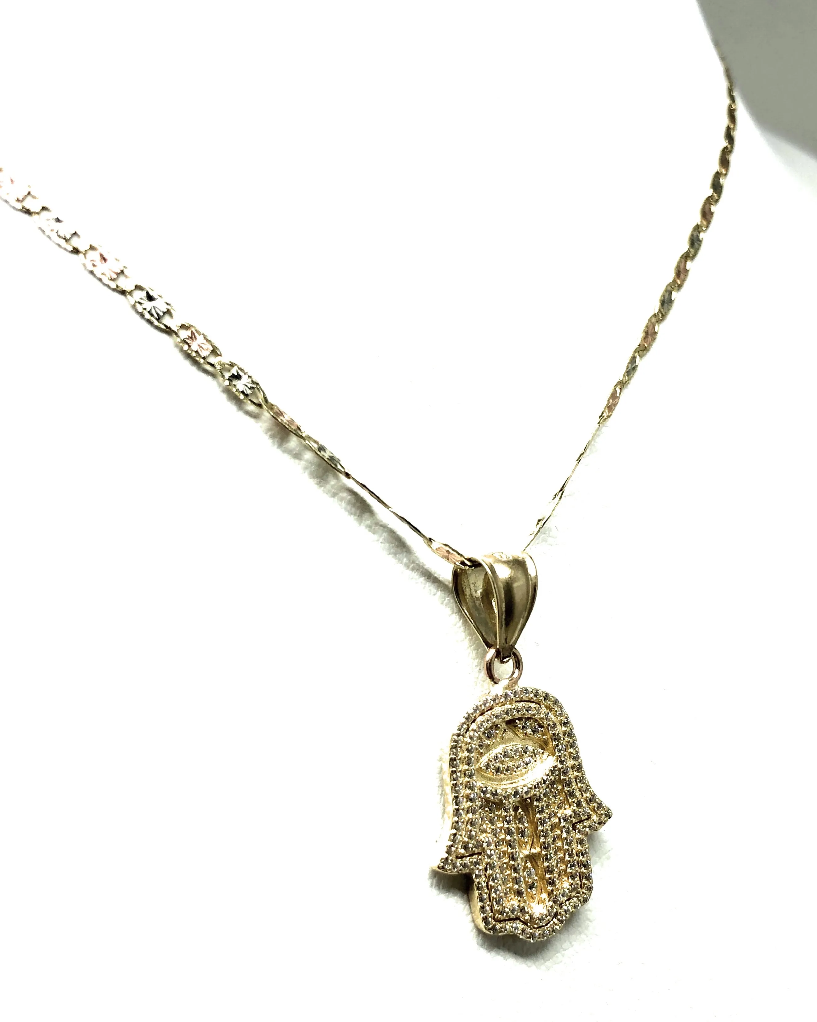 14k Solid Gold Hamsa Hand Pendant CZ Necklace Valentina Chain