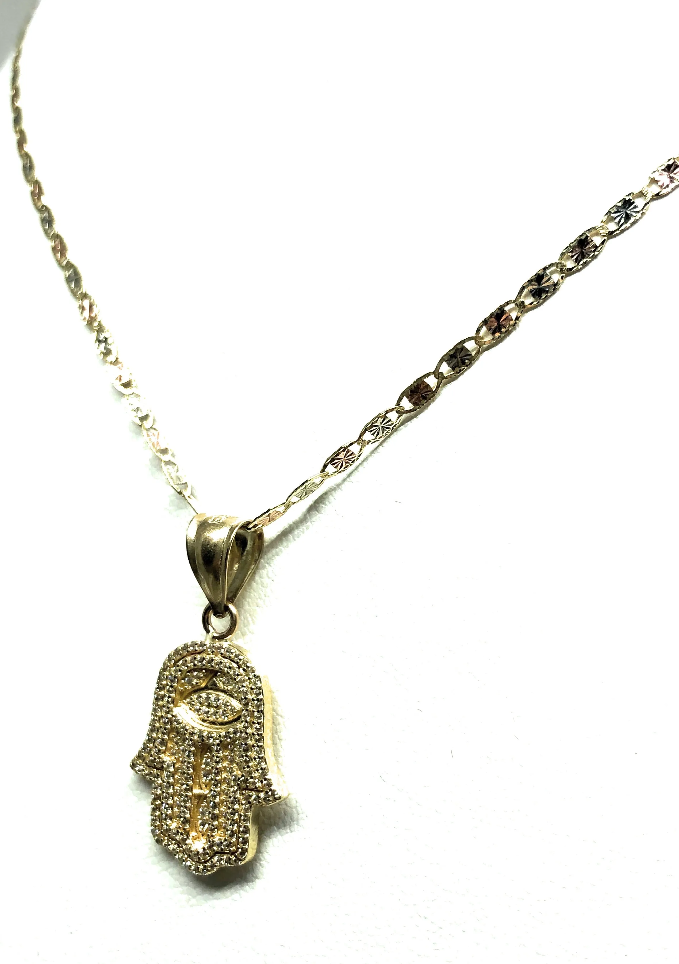 14k Solid Gold Hamsa Hand Pendant CZ Necklace Valentina Chain