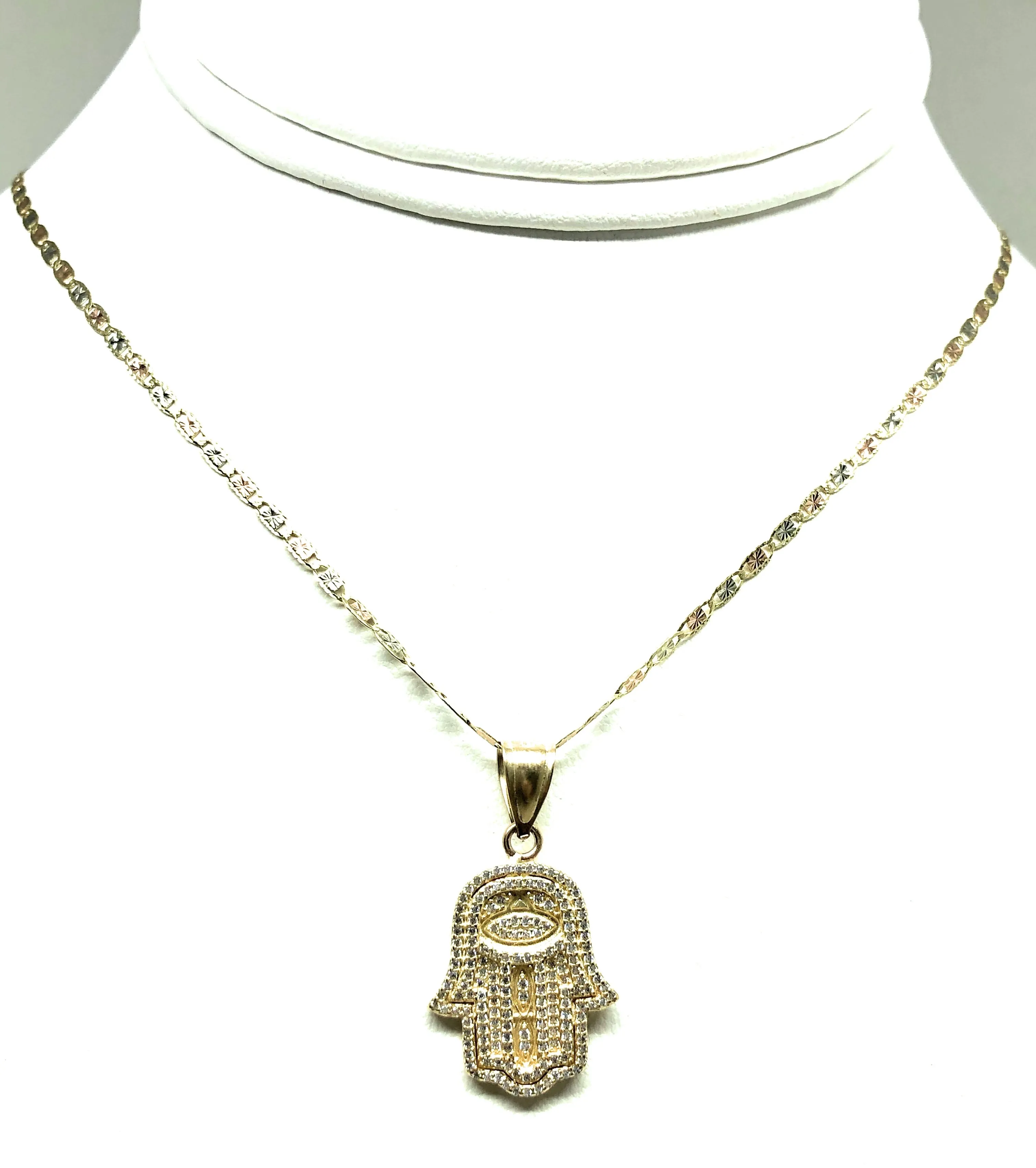 14k Solid Gold Hamsa Hand Pendant CZ Necklace Valentina Chain