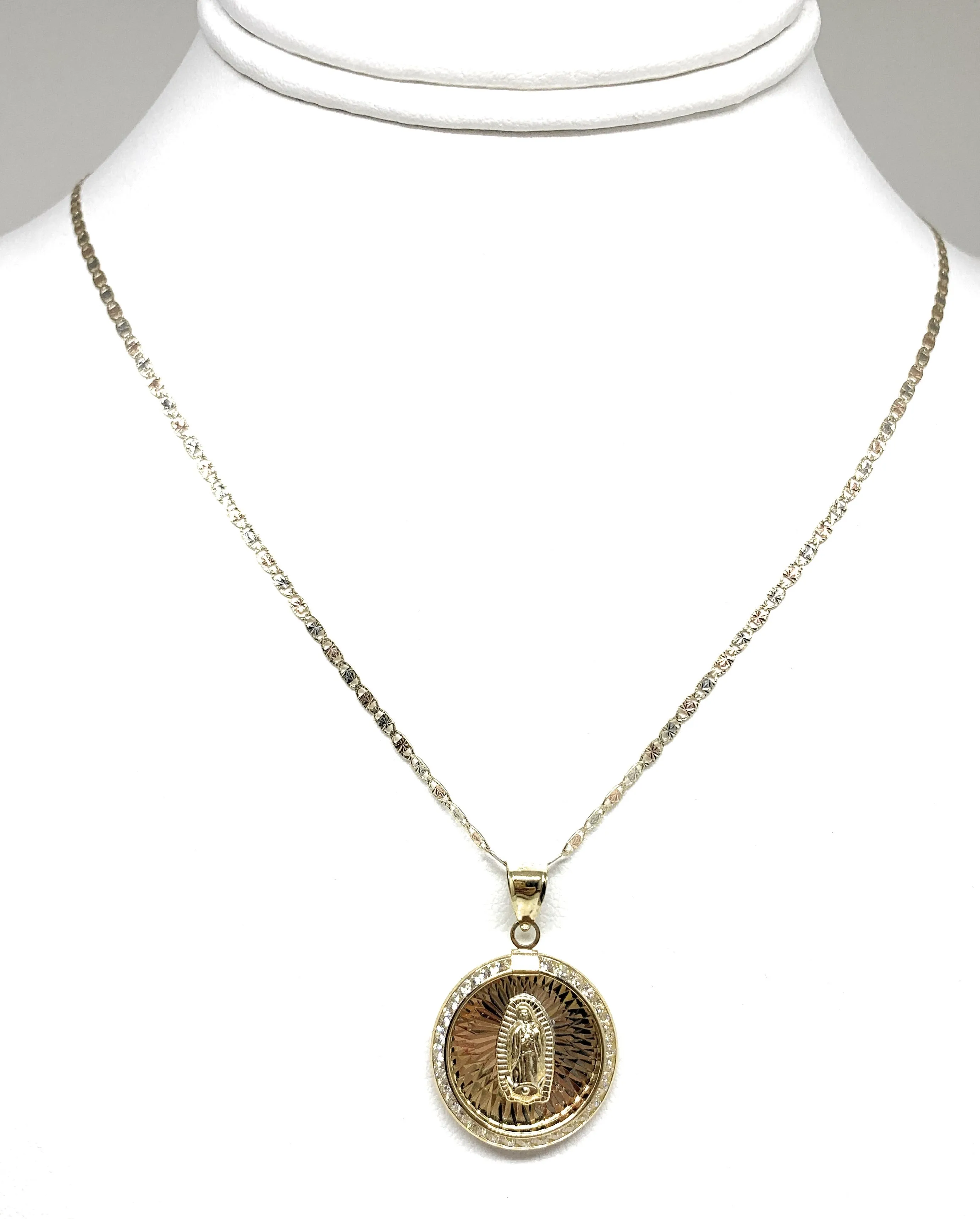 14k Solid Gold Tri-Color Virrgin Mary CZ Round Pendant Necklace Virrgen Gaudalupe (MED)