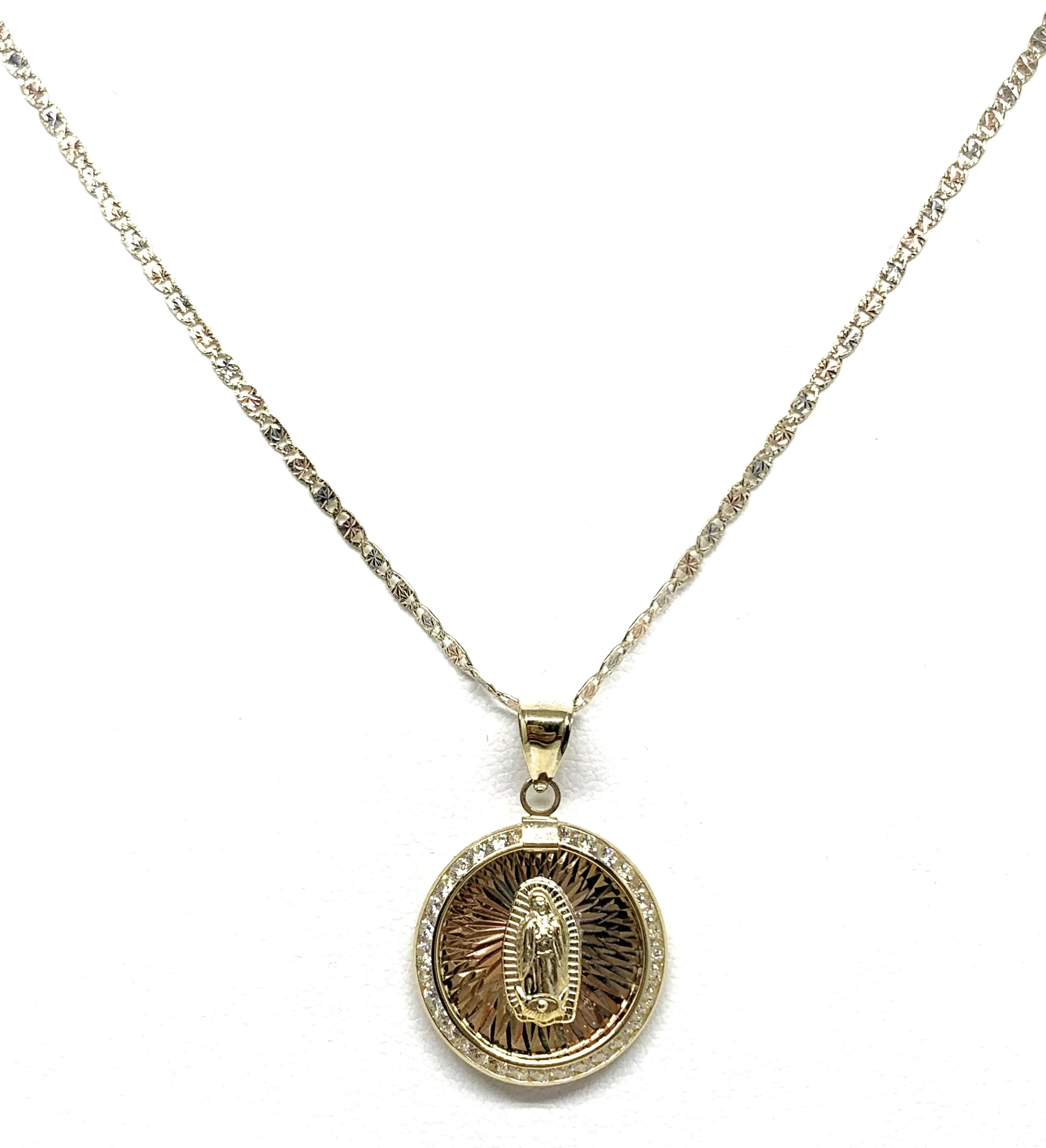 14k Solid Gold Tri-Color Virrgin Mary CZ Round Pendant Necklace Virrgen Gaudalupe (MED)