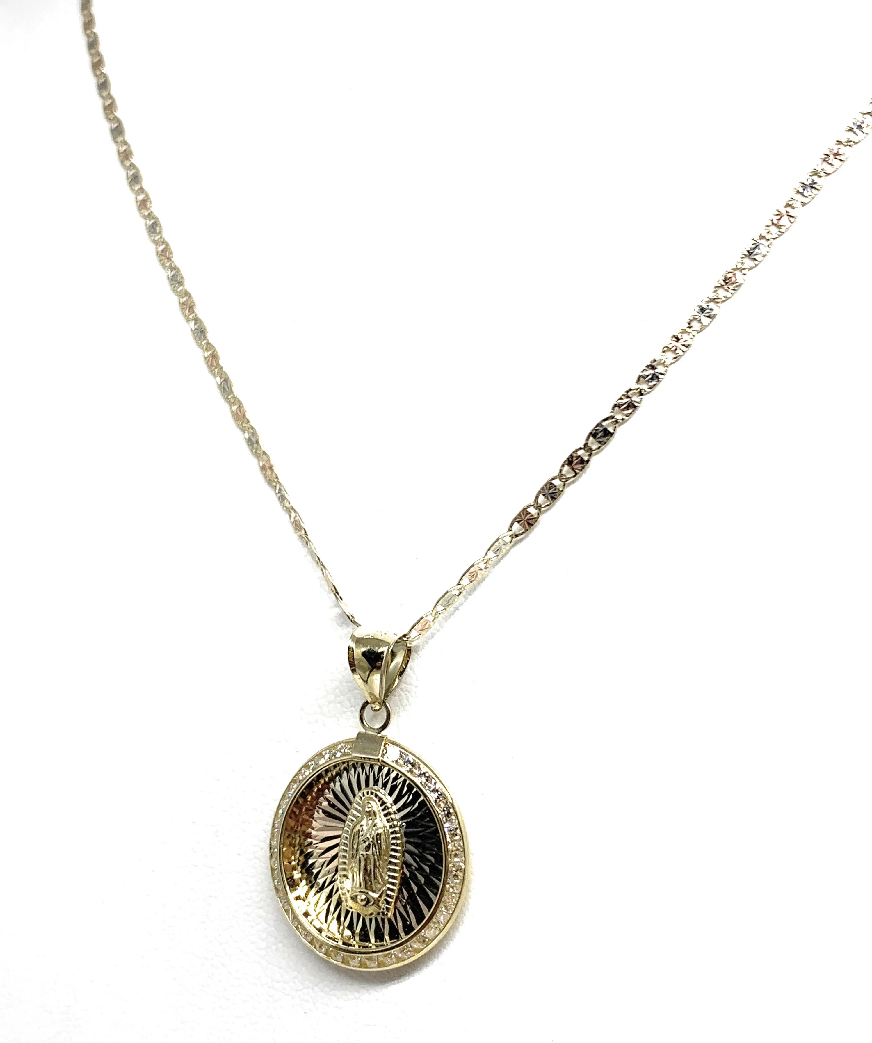 14k Solid Gold Tri-Color Virrgin Mary CZ Round Pendant Necklace Virrgen Gaudalupe (MED)