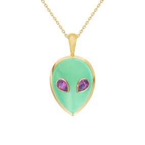 Alien pendant yellow gold with chrysoprase and rhodolite