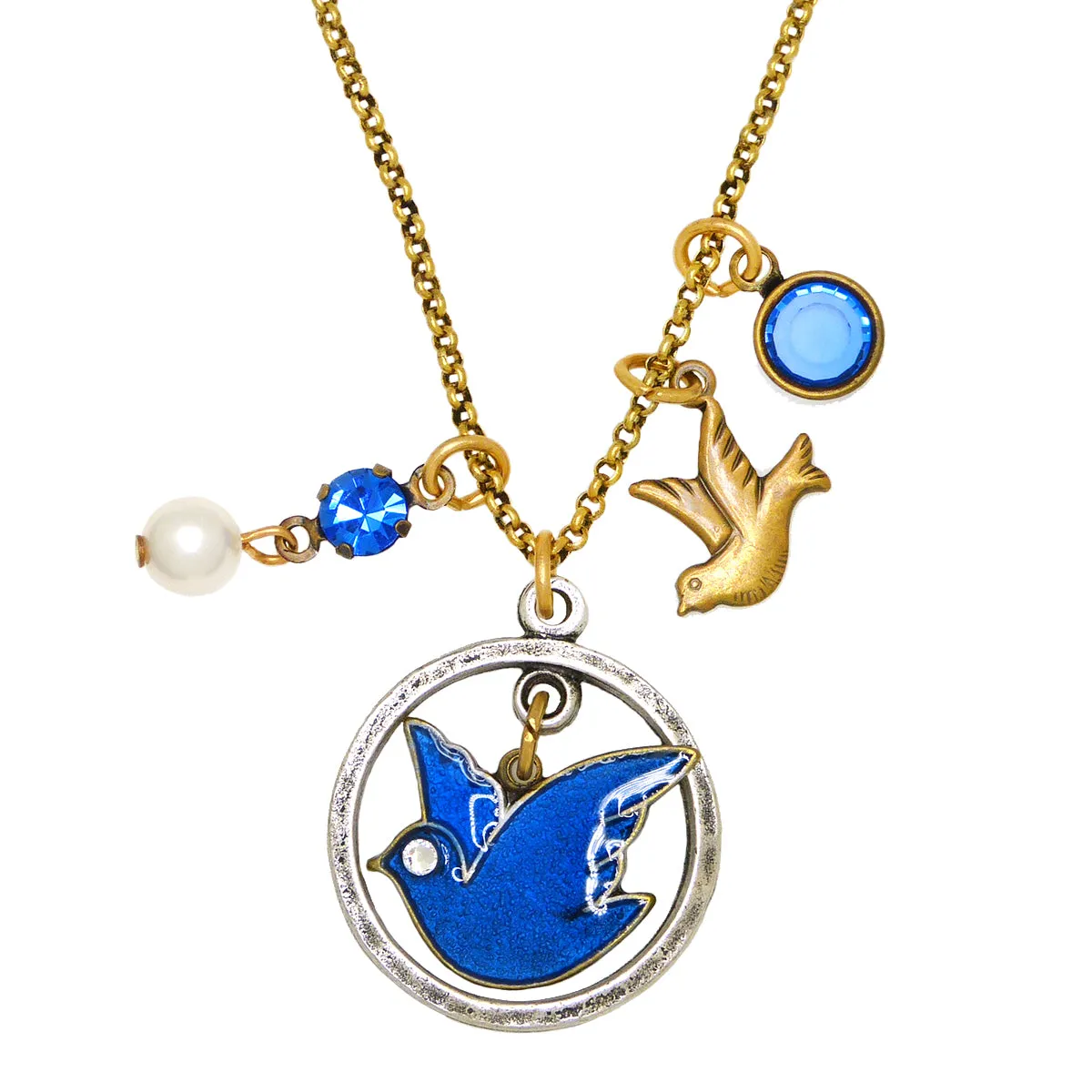 Anne Koplik Blue Bird Dove Pearl Jumble Pendant Necklace Swarovski Crystals NKJ103BLU