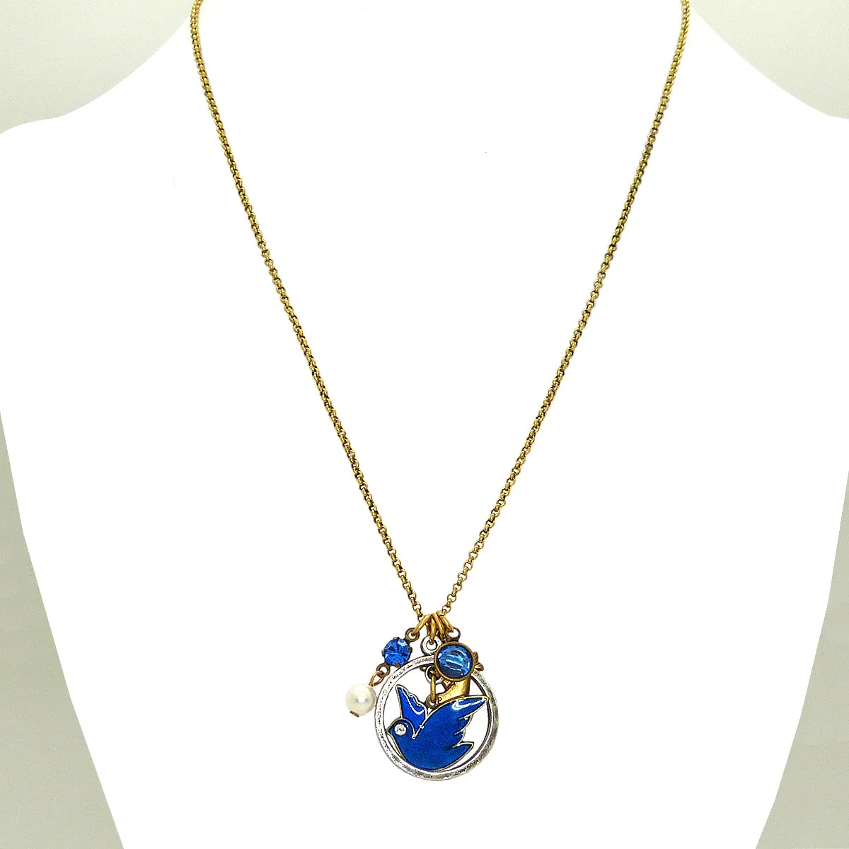 Anne Koplik Blue Bird Dove Pearl Jumble Pendant Necklace Swarovski Crystals NKJ103BLU