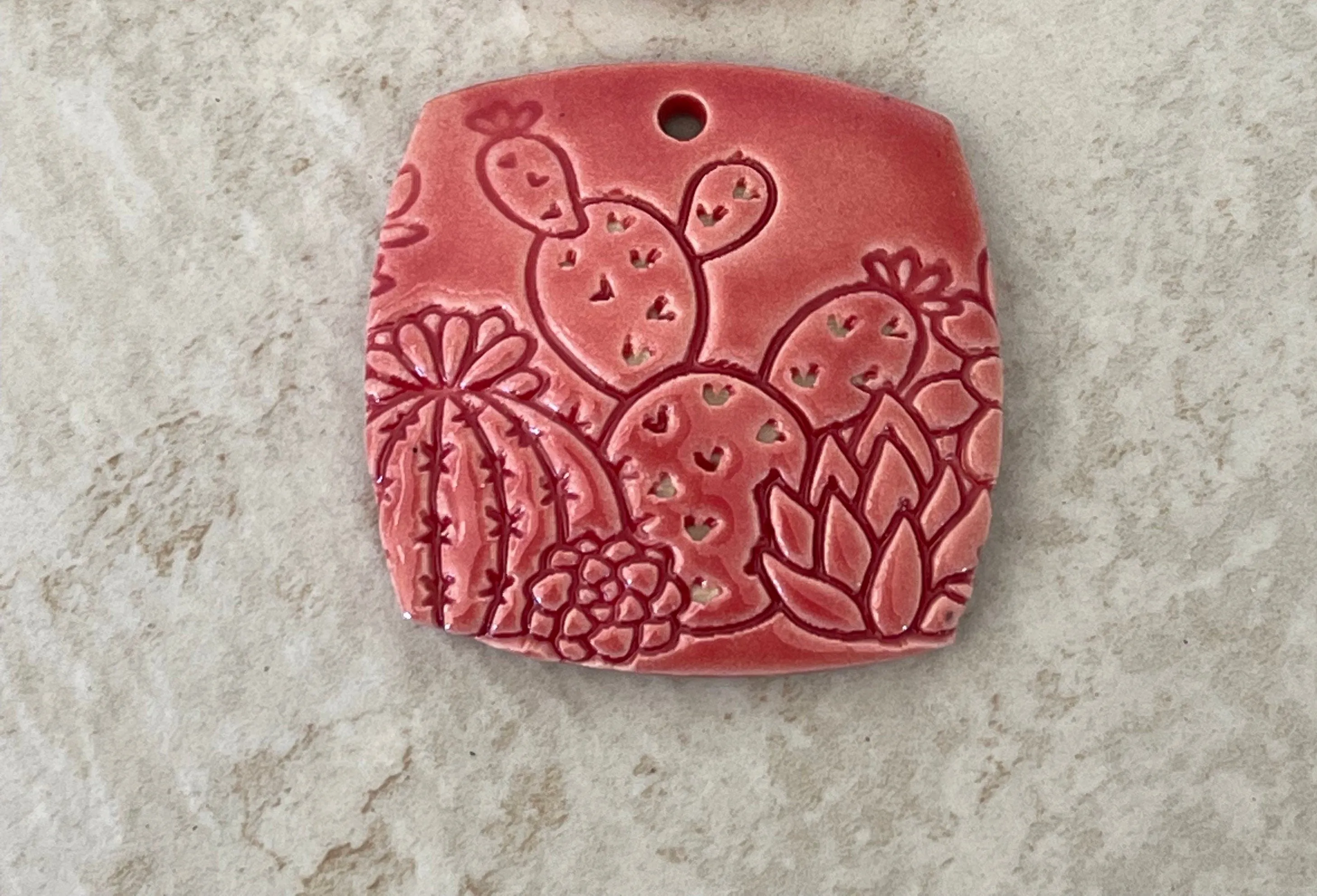 Cactus Pendant, Red Pendant, Paddle Cactus Pendant, Porcelain Ceramic Pendant, Jewelry Making Components