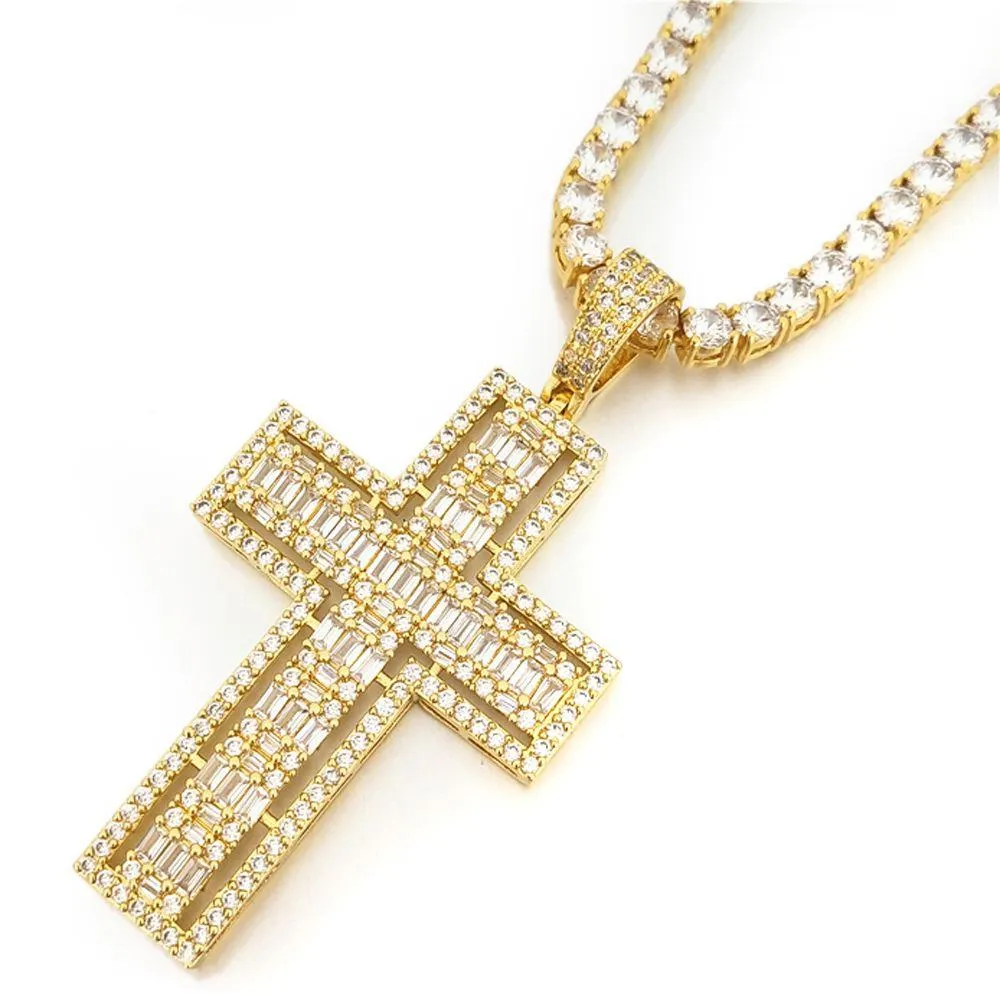 Floating Baguette Cross Iced Out Pendant in White / Yellow Gold