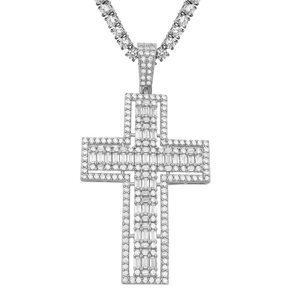 Floating Baguette Cross Iced Out Pendant in White / Yellow Gold