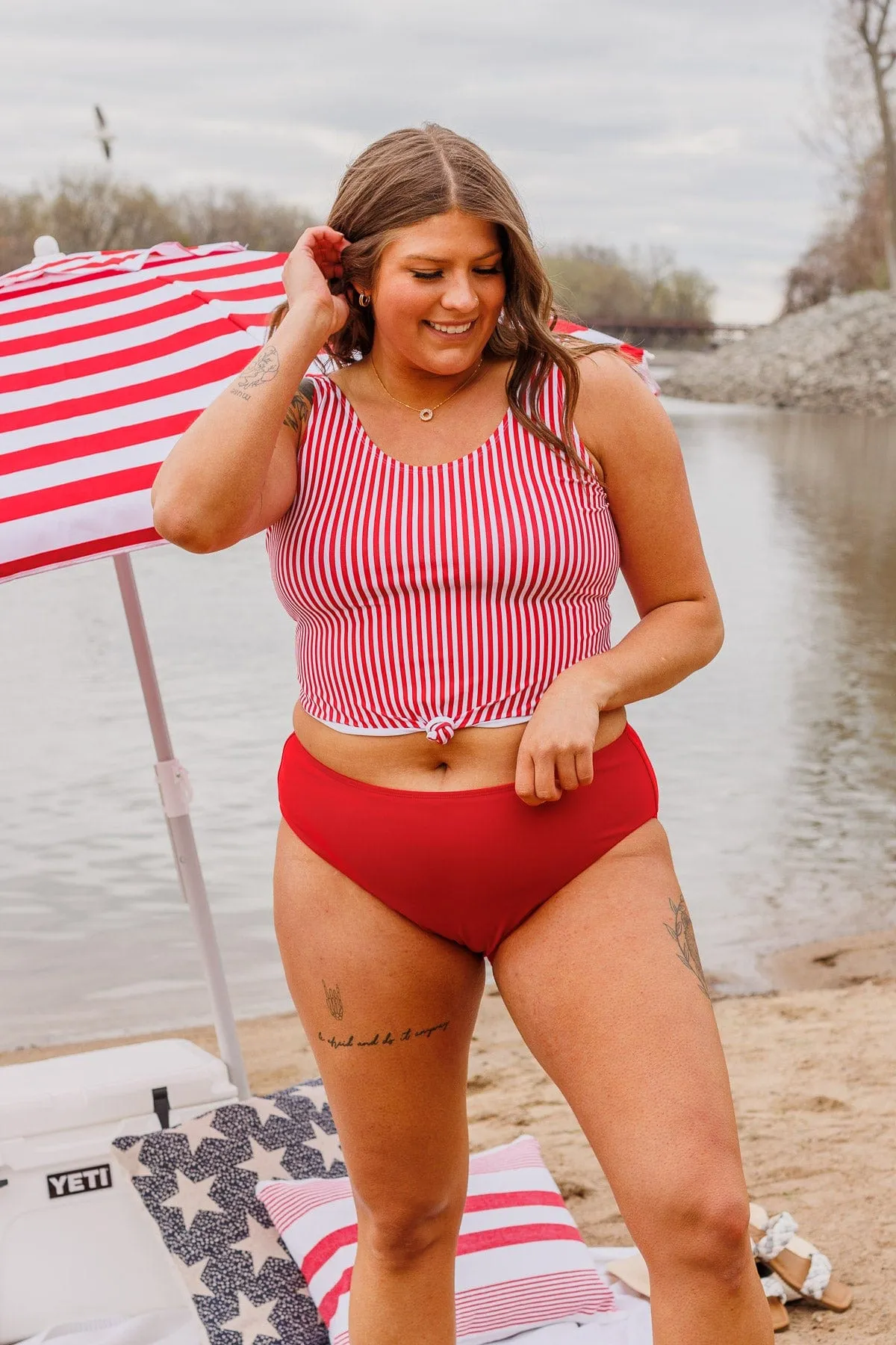 Front Knot Swimsuit Tankini- Red & White Stripe