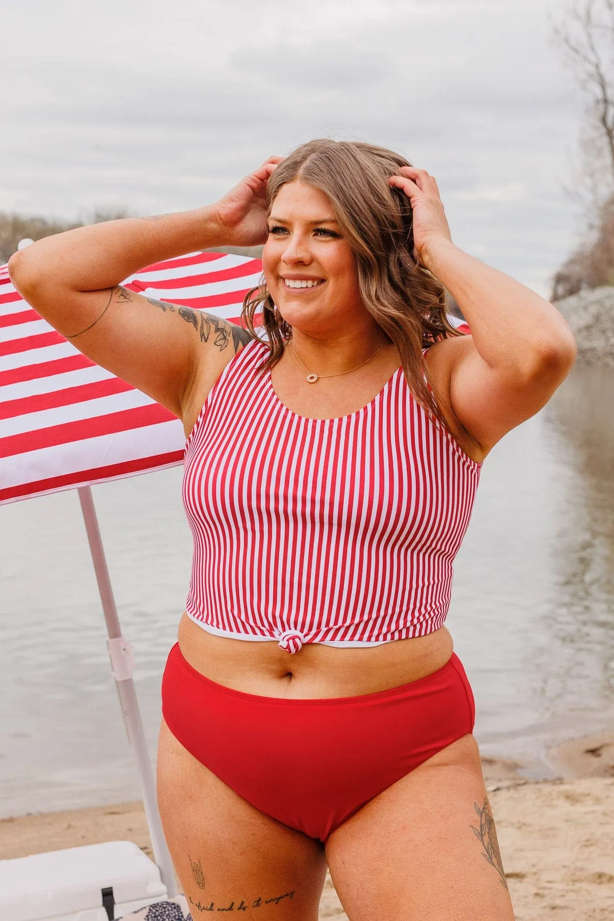 Front Knot Swimsuit Tankini- Red & White Stripe