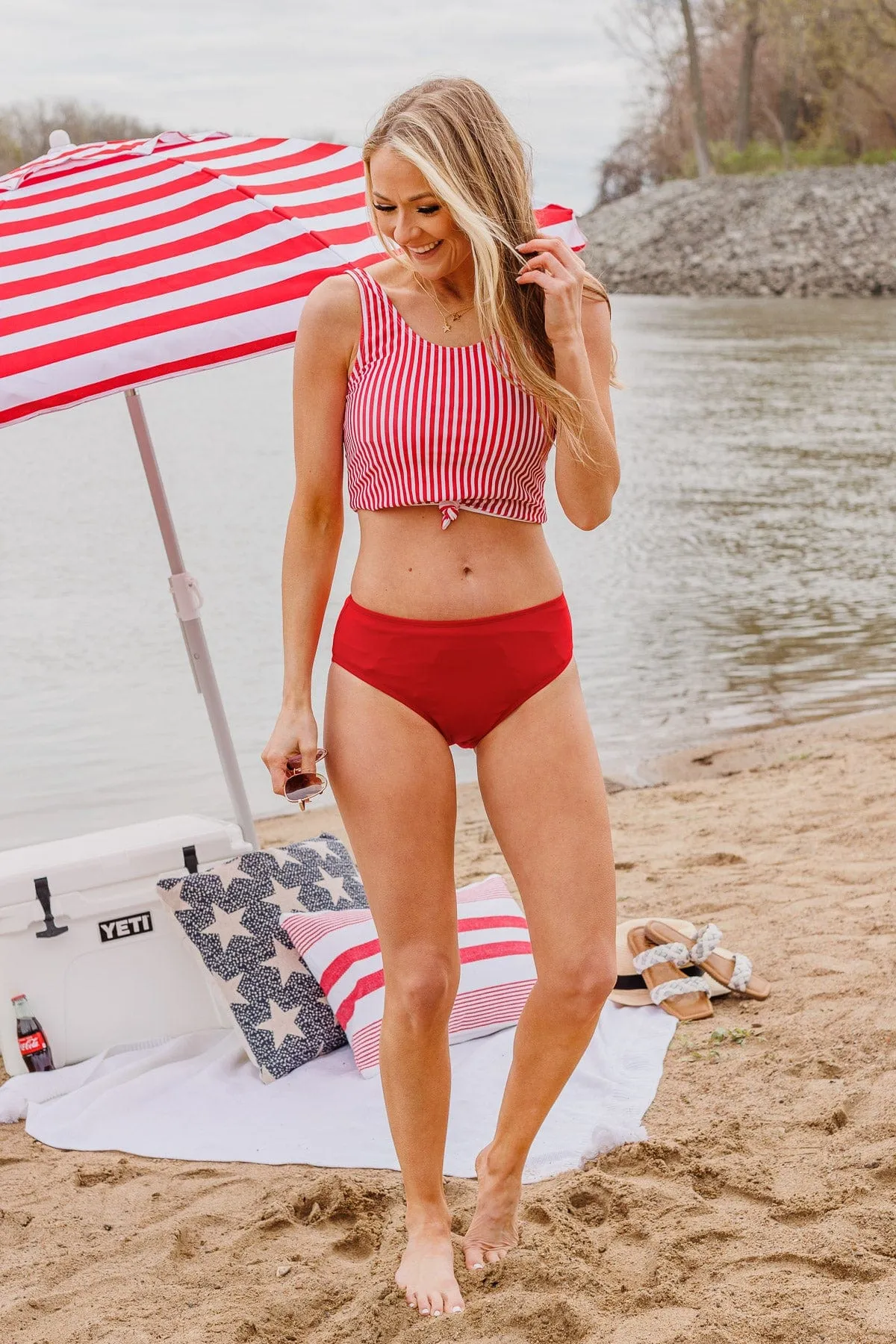 Front Knot Swimsuit Tankini- Red & White Stripe