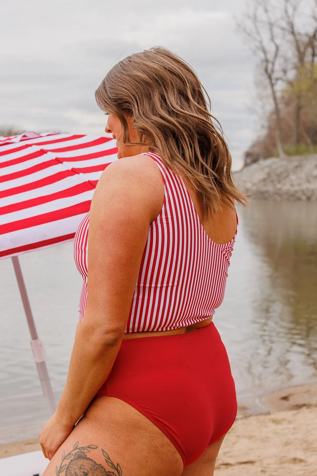 Front Knot Swimsuit Tankini- Red & White Stripe