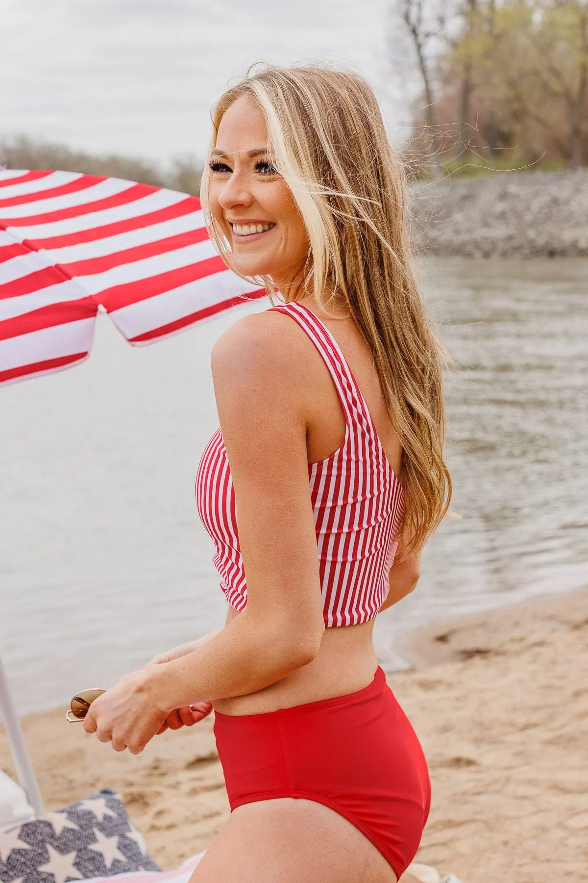 Front Knot Swimsuit Tankini- Red & White Stripe