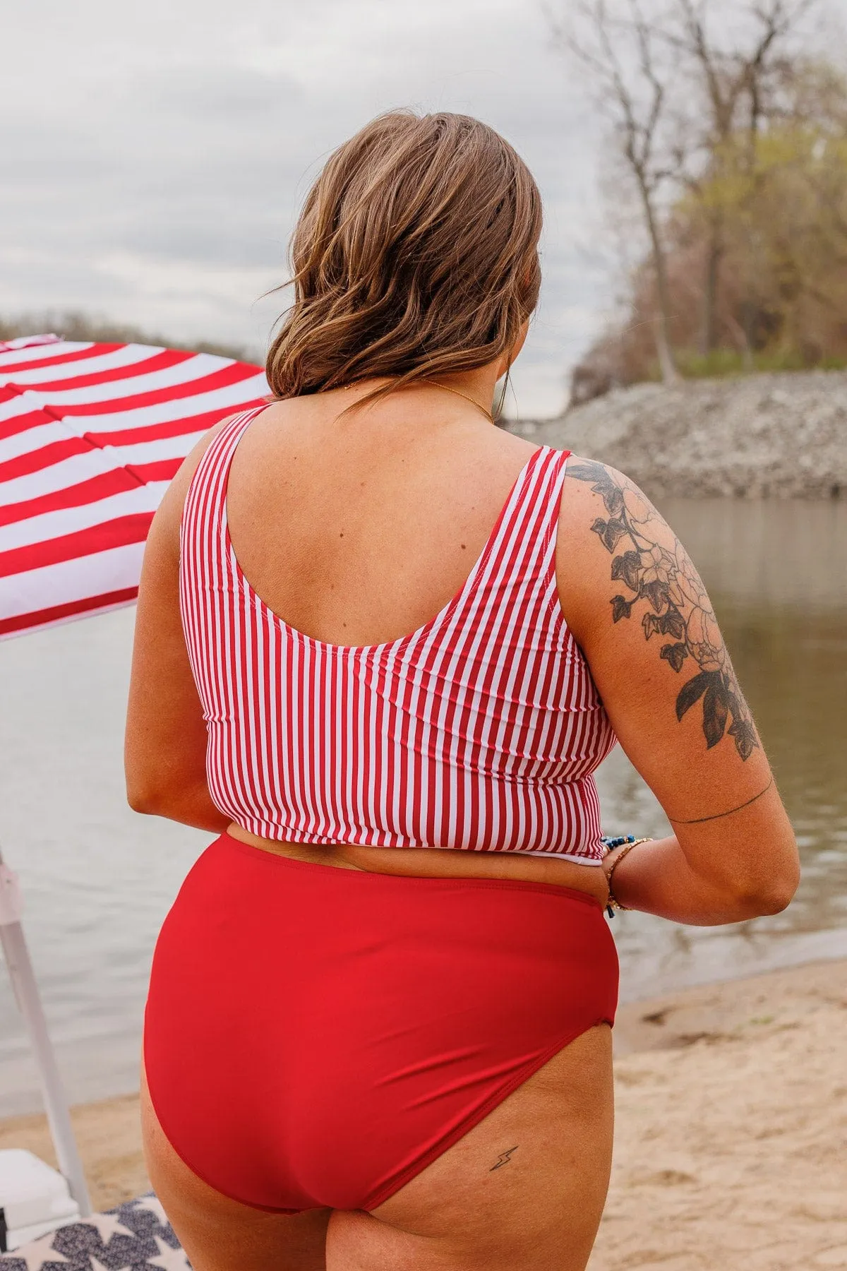 Front Knot Swimsuit Tankini- Red & White Stripe