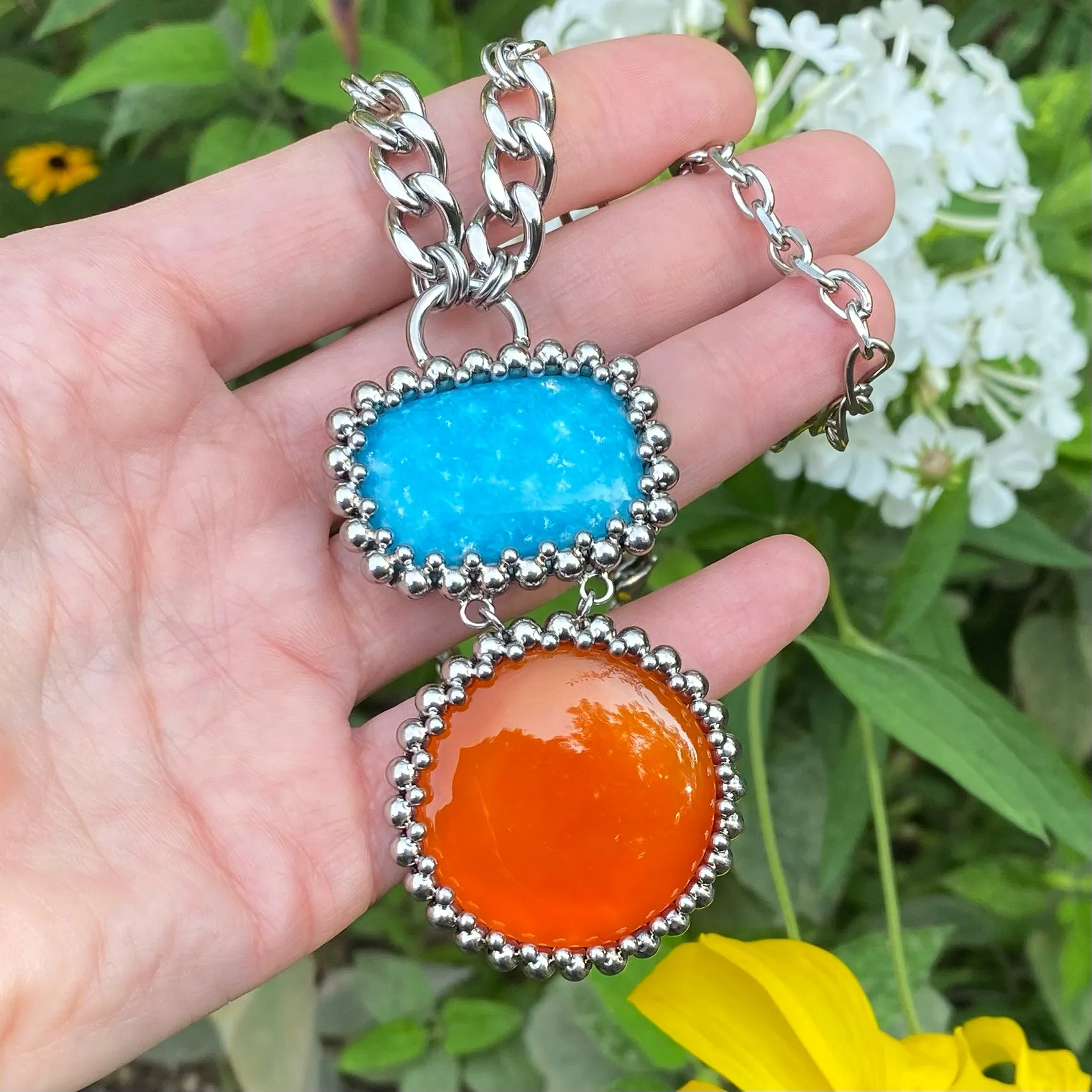 GEMSTONE Hemimorphite & Carnelian Double Stone Pendant