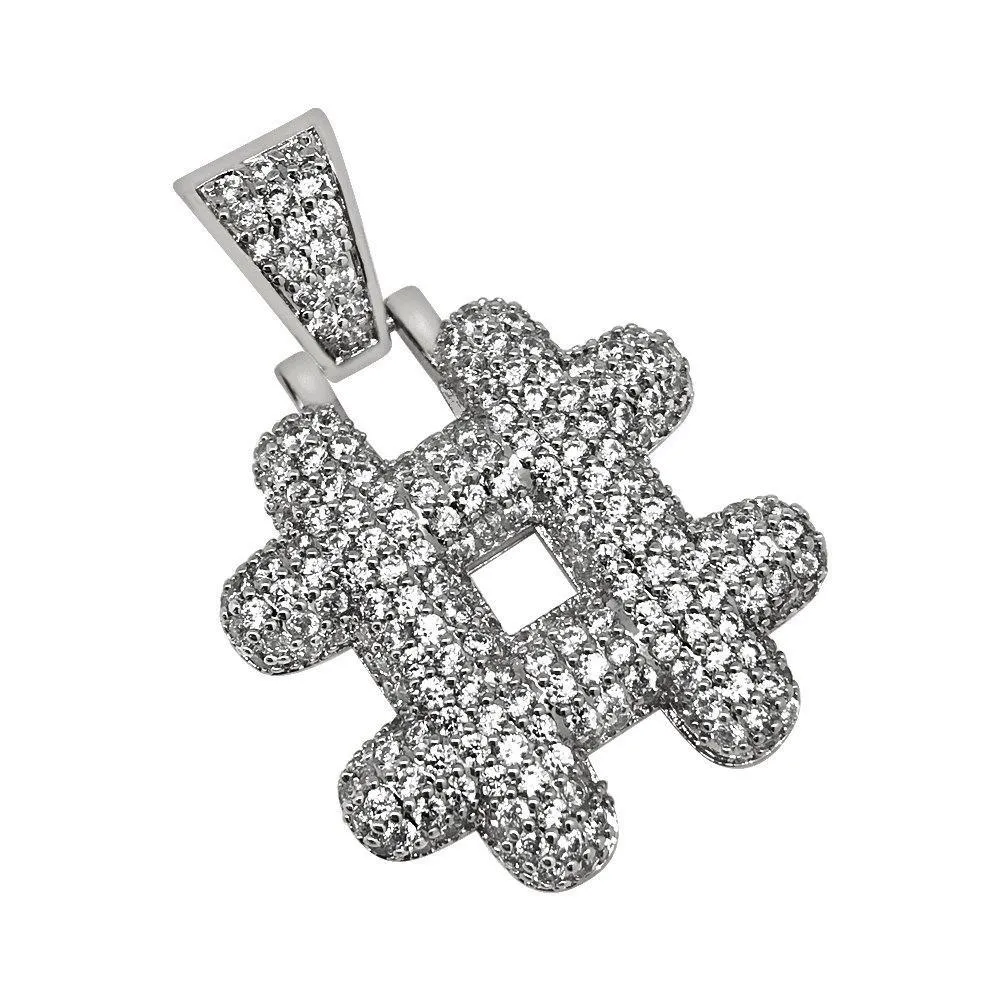 Hash Tag Pound Symbol Rhodium CZ Bling Bling Pendant