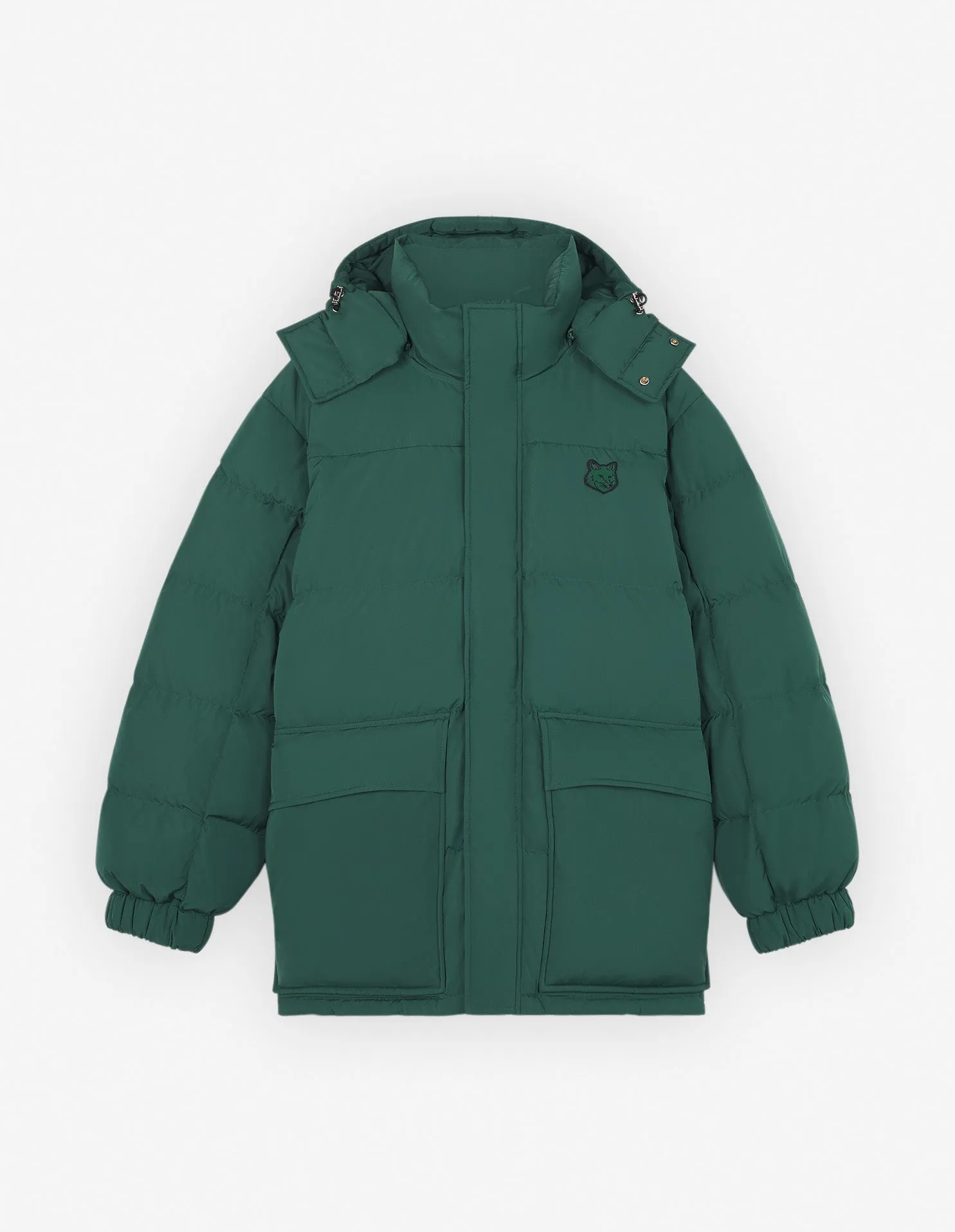 Hooded Puffer In Nylon With Bold Fox Head Patch Bottle Green