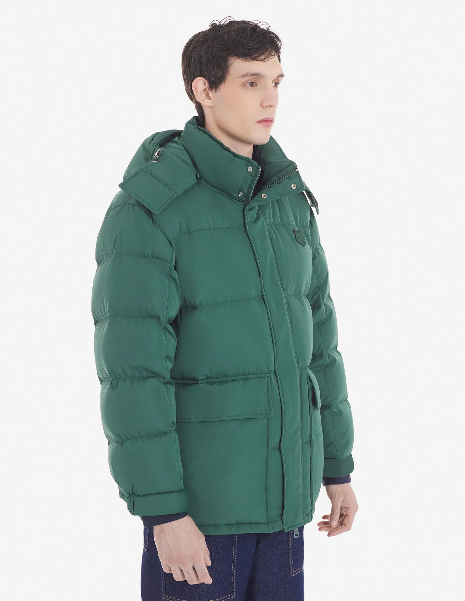 Hooded Puffer In Nylon With Bold Fox Head Patch Bottle Green