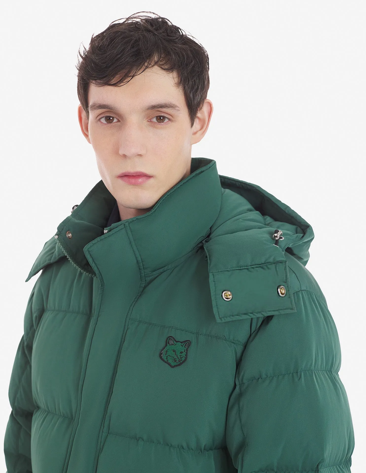 Hooded Puffer In Nylon With Bold Fox Head Patch Bottle Green