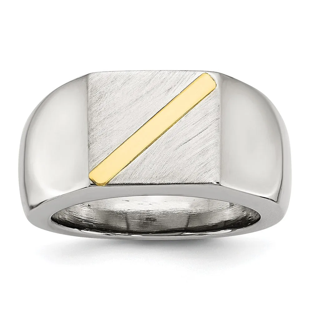 Men's Stainless Steel & 14K Gold Accent Stripe Signet Tapered Ring