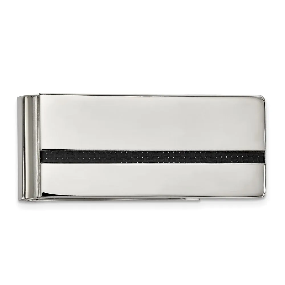 Men's Stainless Steel & Black Carbon Fiber Stripe Fold Over Money Clip