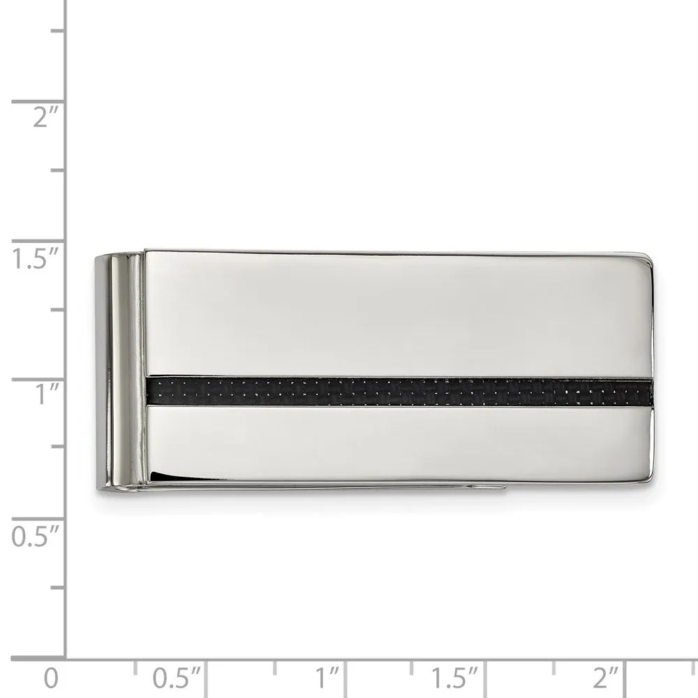 Men's Stainless Steel & Black Carbon Fiber Stripe Fold Over Money Clip