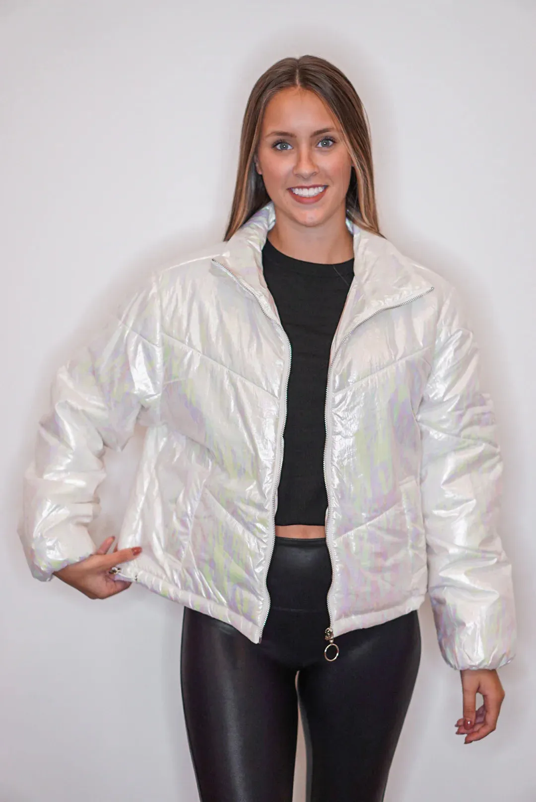 Metallic Trends White Puffer Jacket