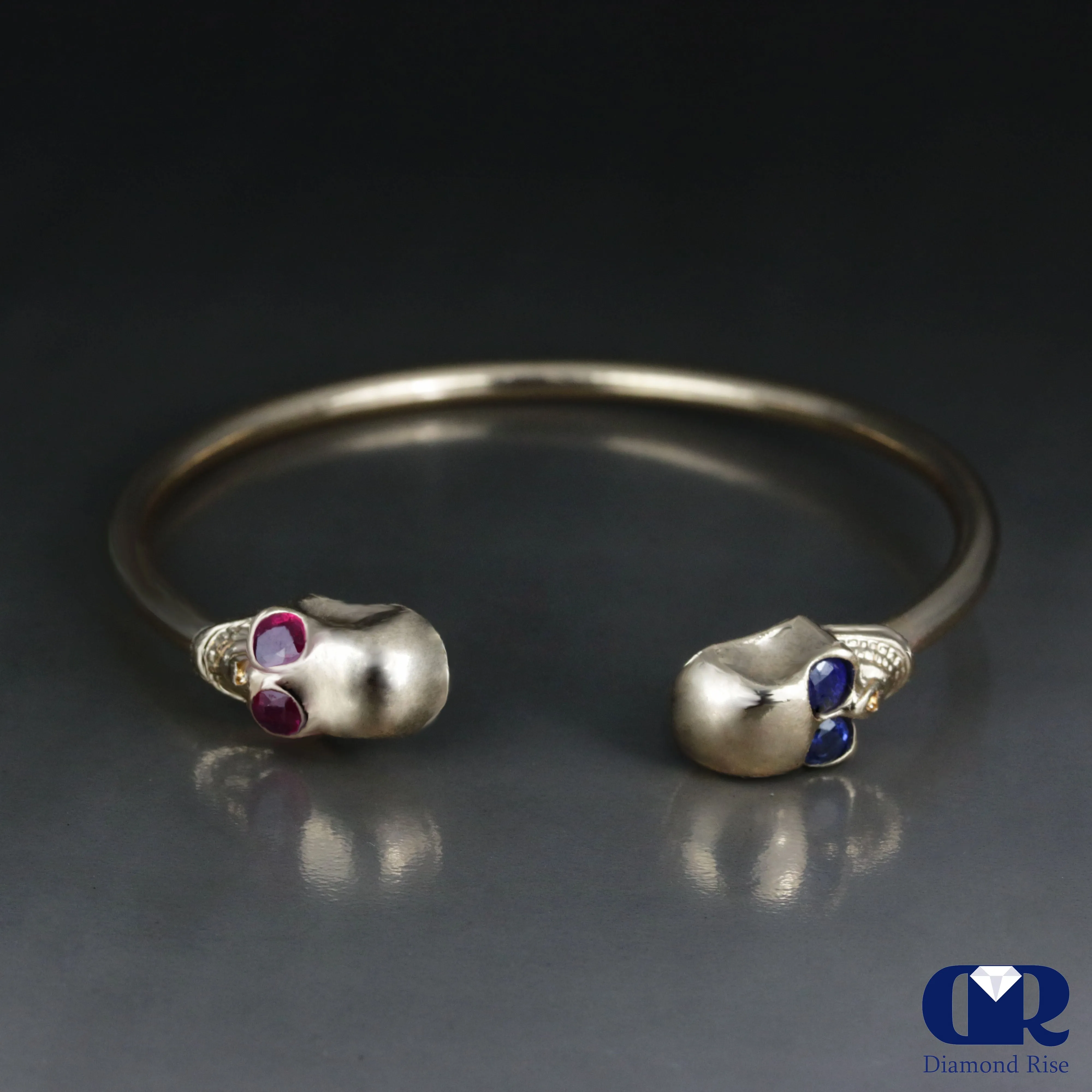 Natural Ruby & Sapphire Skull Design Cuff Bangle Bracelet In 14K Solid Gold