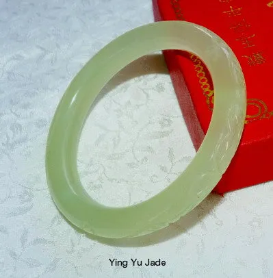 Sale-Classic Round Chinese Jade Etched Dragons, Flowers and More Bangle Bracelet -58 mm (NJCARV-30-58)