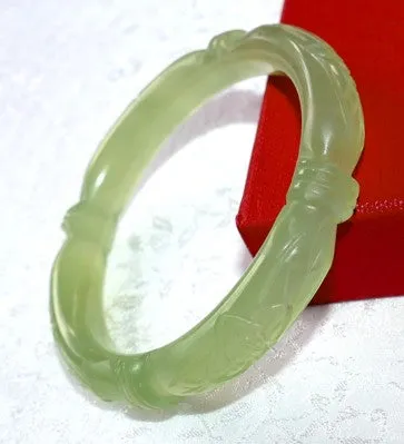 Sale-Flowers and Bamboo Knot Carved Classic Round Chinese Jade Bangle Bracelet 60mm (NJCARV-23-60)