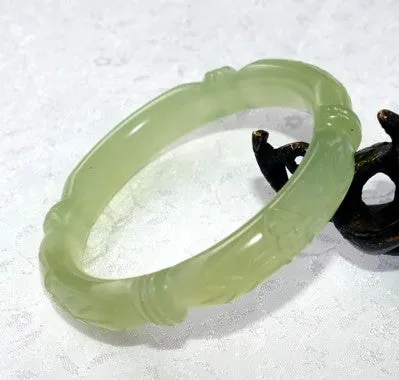 Sale-Flowers and Bamboo Knot Carved Classic Round Chinese Jade Bangle Bracelet 60mm (NJCARV-23-60)