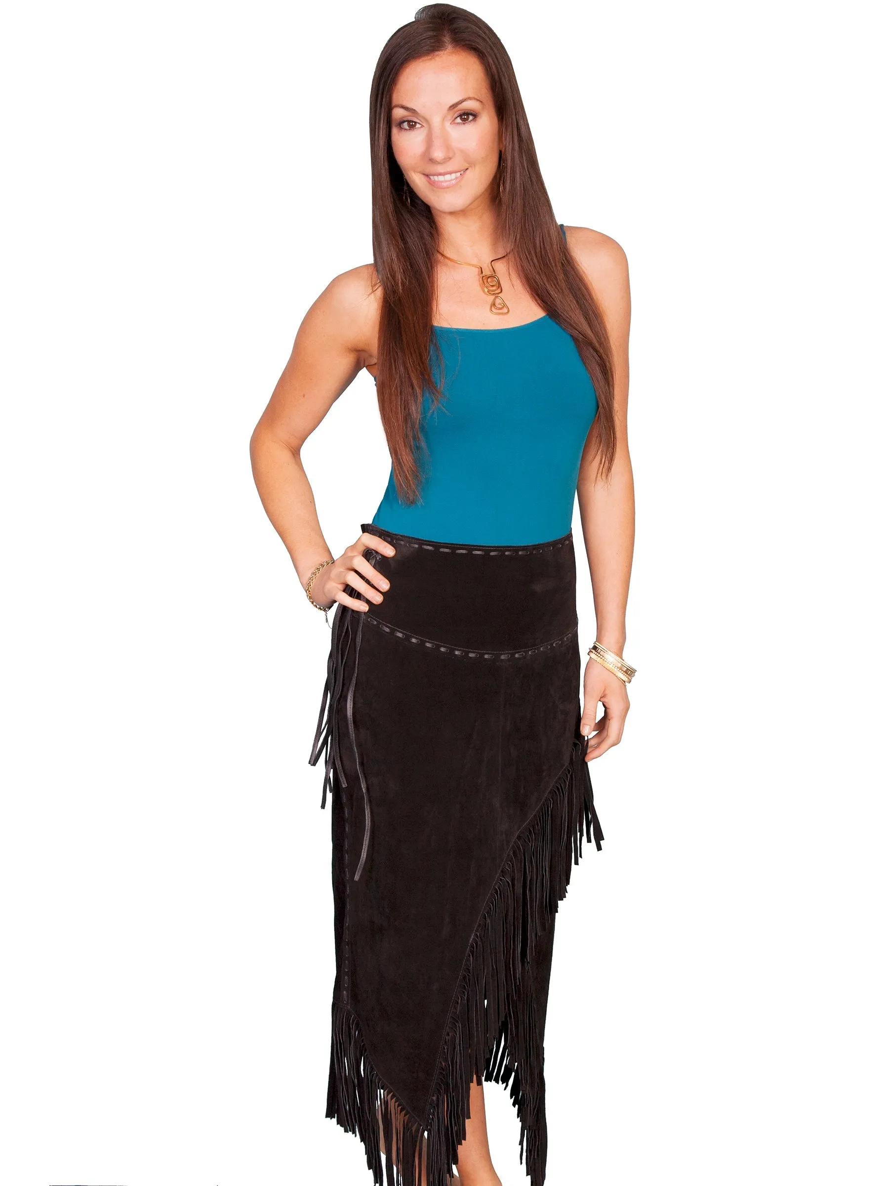 Scully Leather Womens Long Boar Suede Tie Side Fringe Skirt Black S