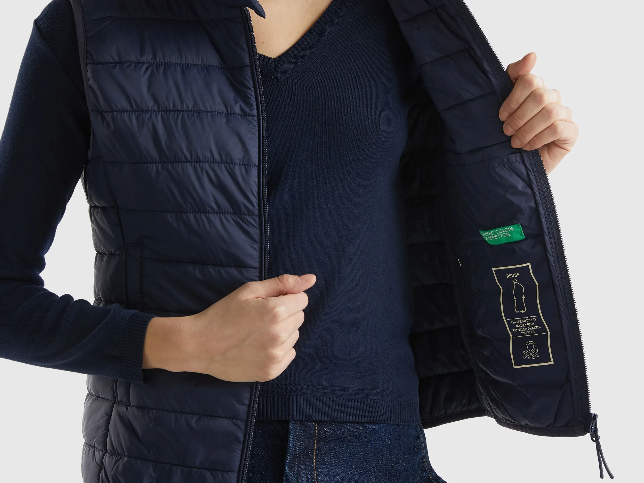 Sleeveless puffer jacket with recycled wadding - Dark Blue | Benetton