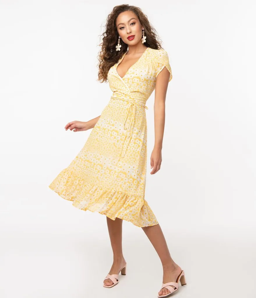 Smak Parlour Yellow Daisy Print Hide And Go Chic Faux Wrap Dress