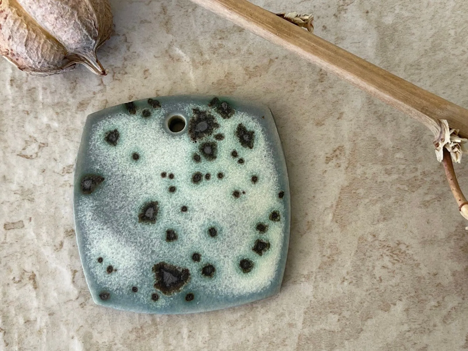 Square Spotted Pendant, Grey Pendant, Spotted Pendant, Porcelain Ceramic Pendant, Jewelry Making Components