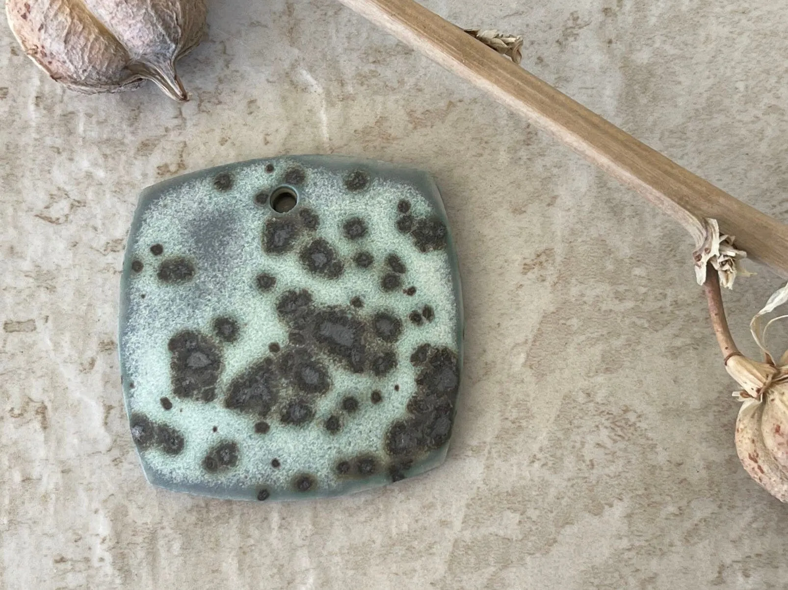 Square Spotted Pendant, Grey Pendant, Spotted Pendant, Porcelain Ceramic Pendant, Jewelry Making Components