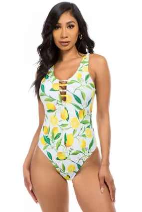 Tess Lemon Print Cut Out One Piece Swimsuit