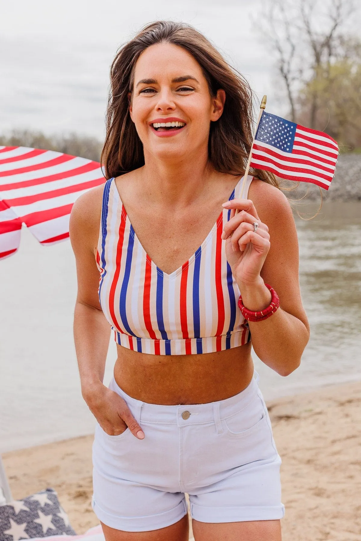 Walking On Sunshine Swim Top- Red, White, & Blue Stripe