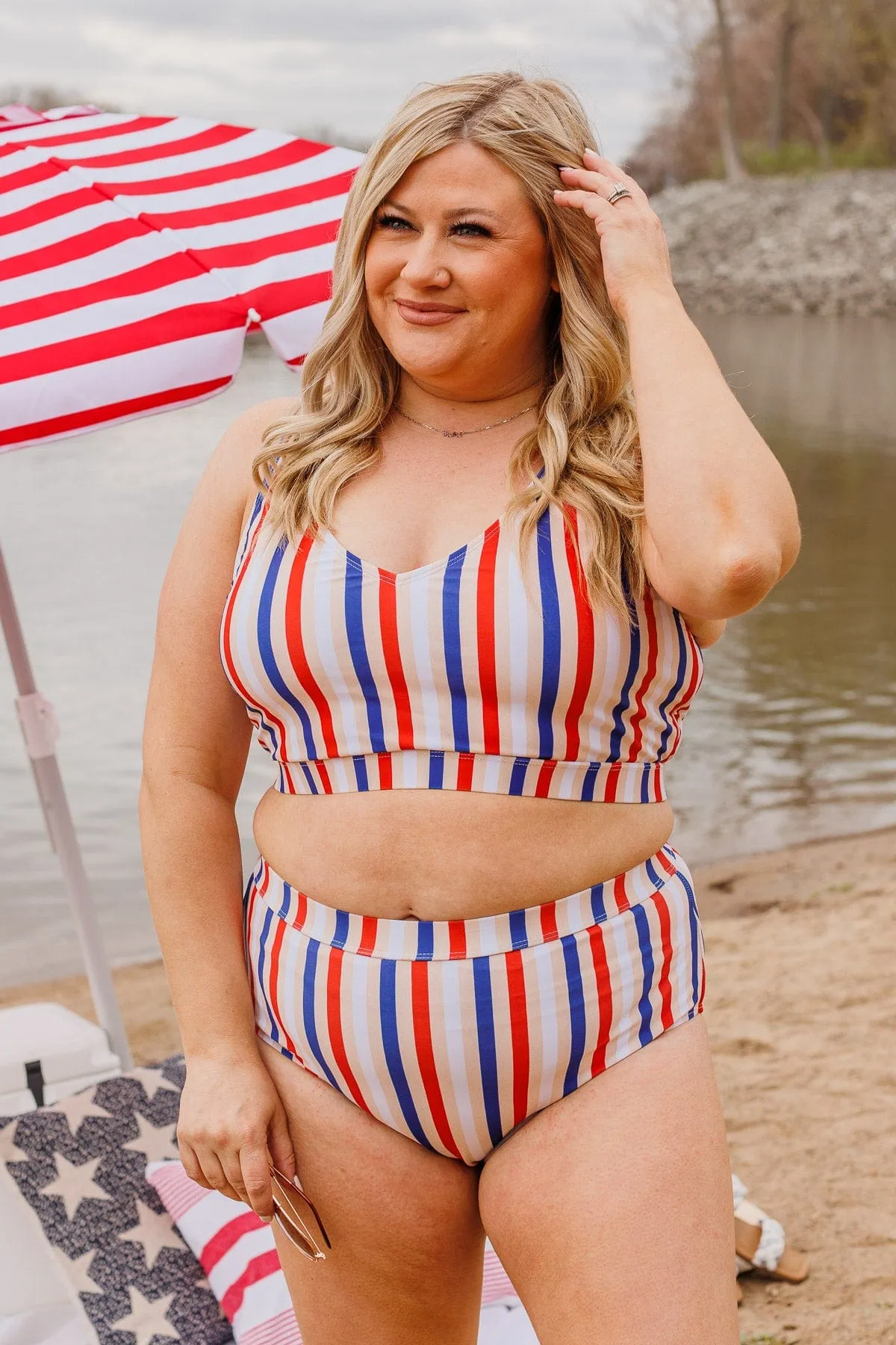 Walking On Sunshine Swim Top- Red, White, & Blue Stripe