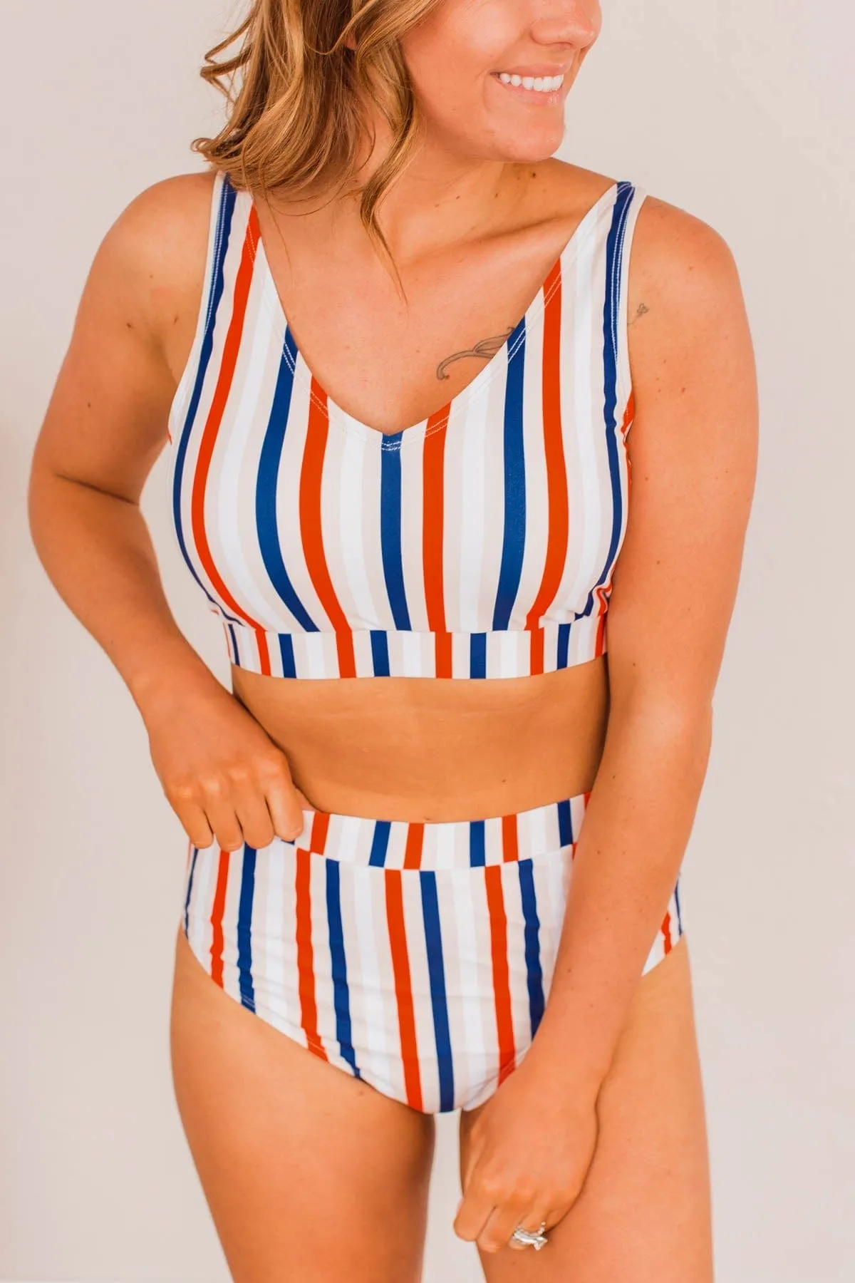 Walking On Sunshine Swim Top- Red, White, & Blue Stripe