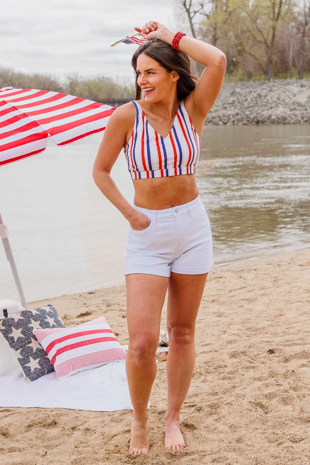 Walking On Sunshine Swim Top- Red, White, & Blue Stripe